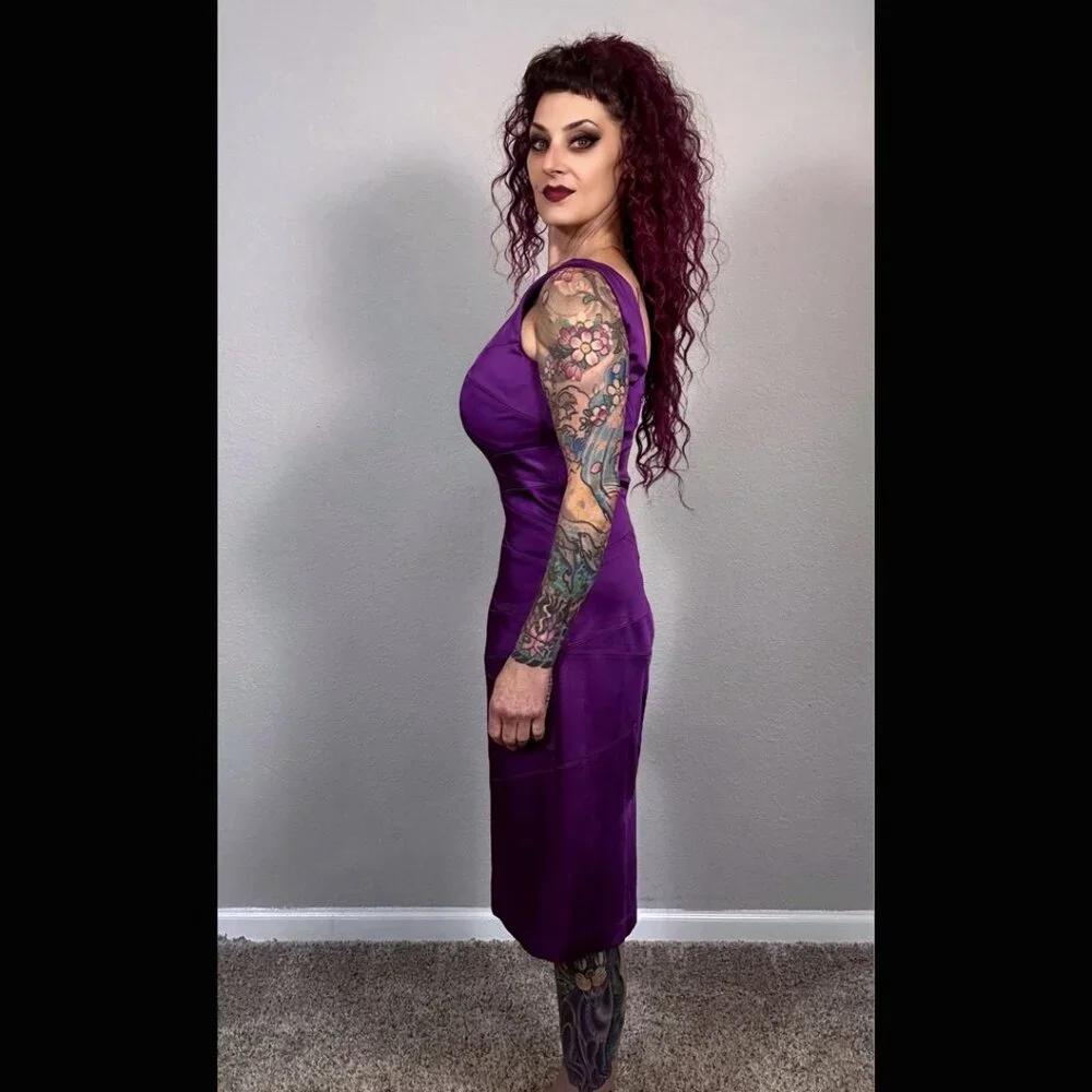 90s Jax Purple Sheath Dress Bodycon 60s Retro Mod MCM Pinup Rockabilly 10 - Picture 6 of 13